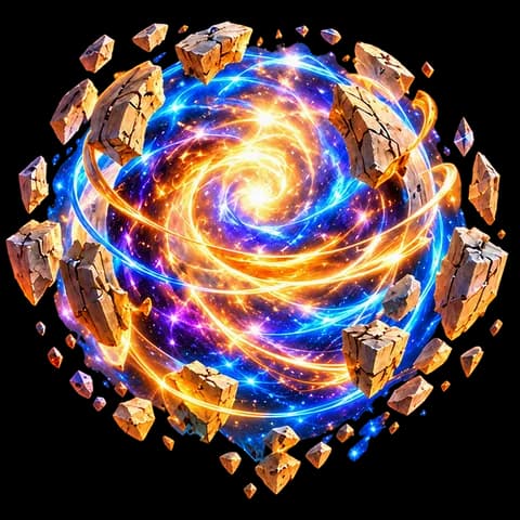 A sphere of swirling golden and blue light, with cracked stones floating around it