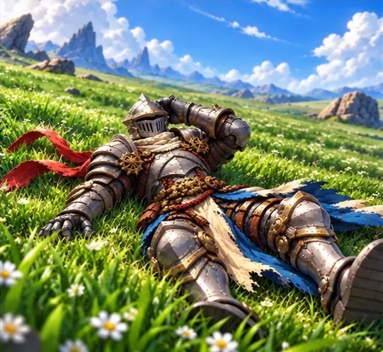 A knight in battered armour lying on his back in a meadow of grass and daisies.