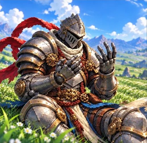 The knight propped up on one arm, holding up a hand of jointed metal fingers.