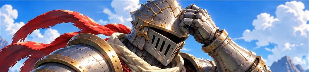 A close view of the knight's helm, one hand pressed against it, the red banner streaming behind against a blue sky.