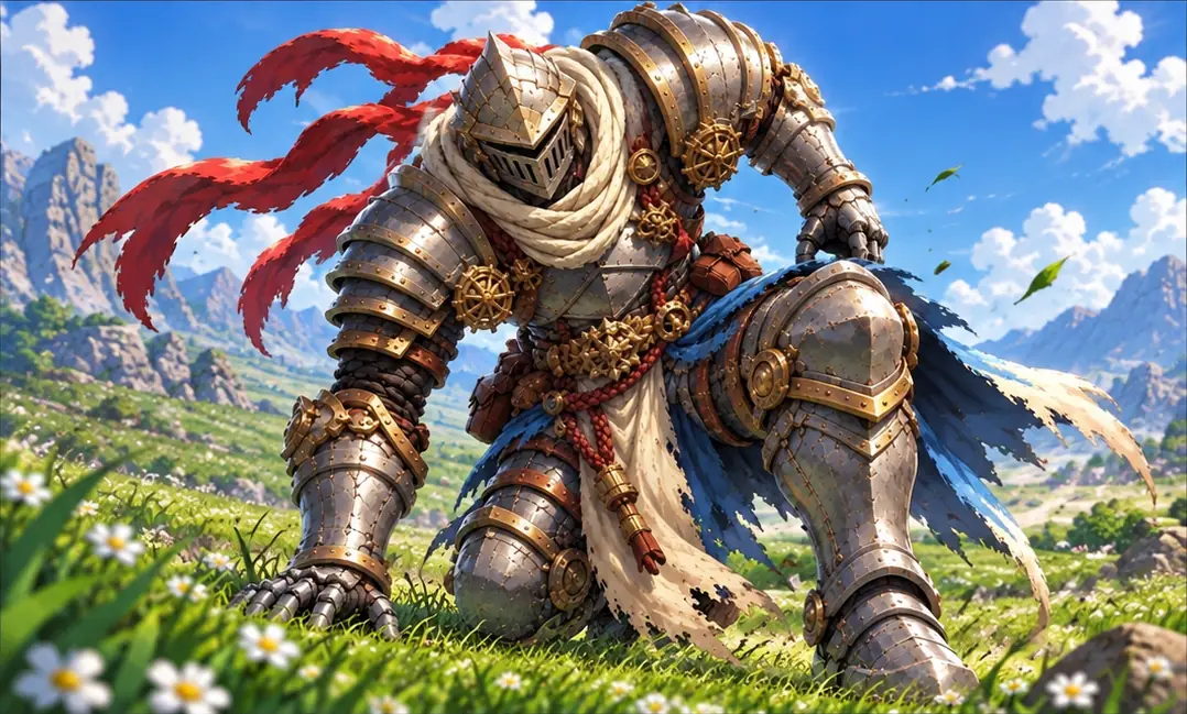 The knight rising onto his hands and knees in the meadow, mountains behind him.