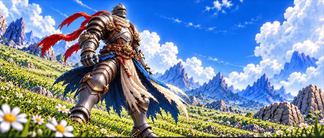 The knight standing in the meadow, his torn blue and white cloth and red banner moving in the wind, mountains behind him.