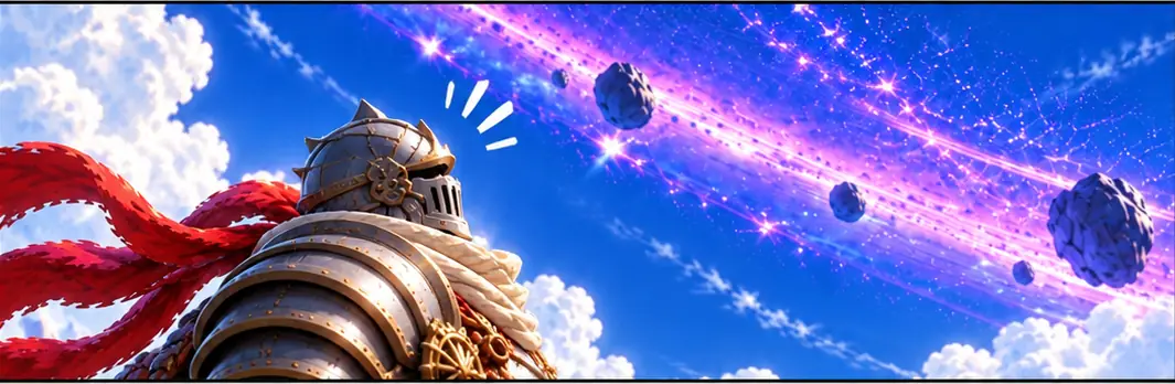 The knight looking up, startled. Across the sky runs a purple band of light with dark rocks floating in it.