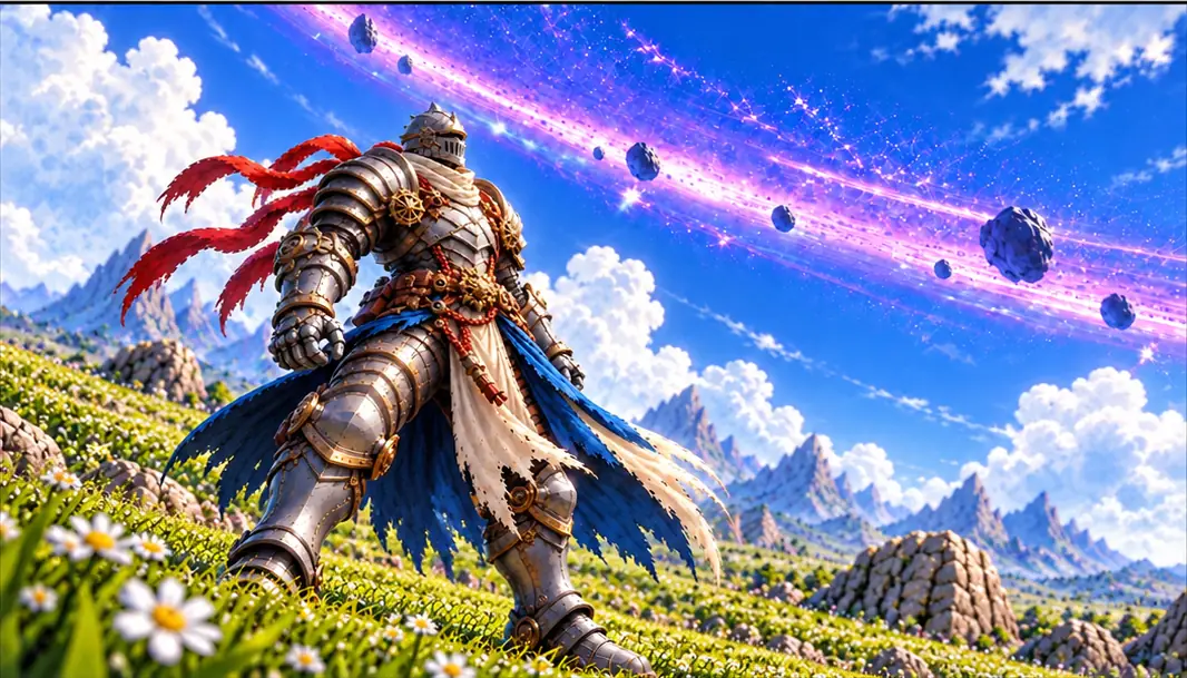 A wide view: the knight small in the meadow, the purple band of floating rocks stretching across the whole sky.