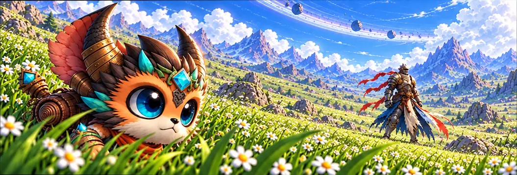 A small furry creature with horns and tiny wings watches from the grass as the knight walks through the meadow far away.