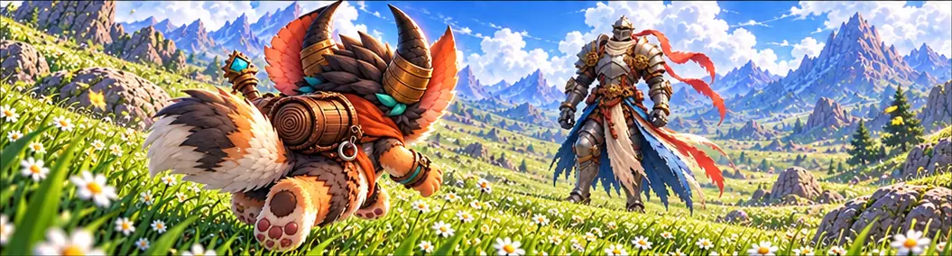 The creature runs through the grass toward the knight.