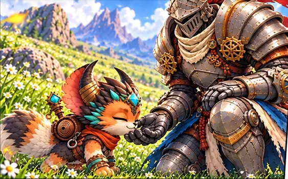 The knight kneels and holds out his metal hand; the creature sniffs it with its eyes closed.