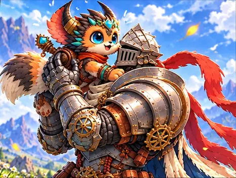 The creature sits on the knight's shoulder, looking pleased.