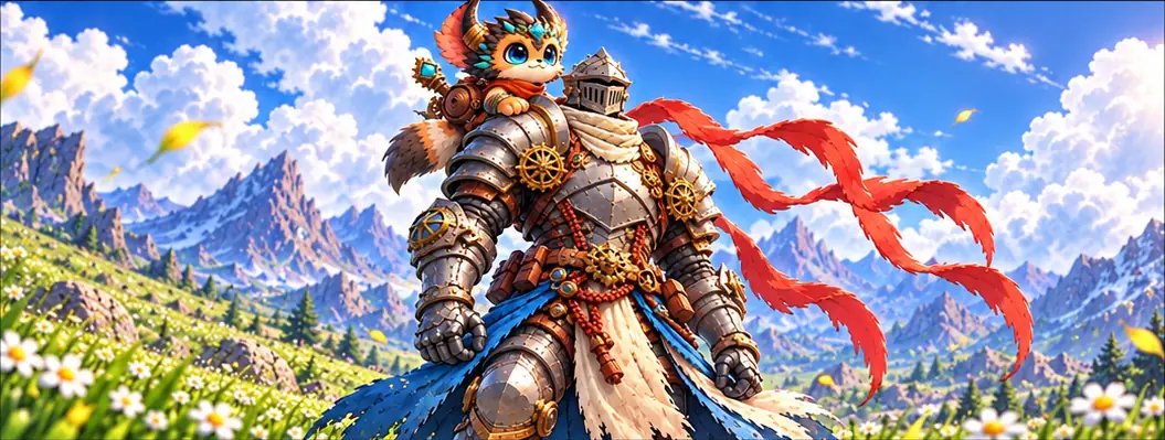 The knight walks on through the meadow with the creature on his shoulder, his red banner in the wind.