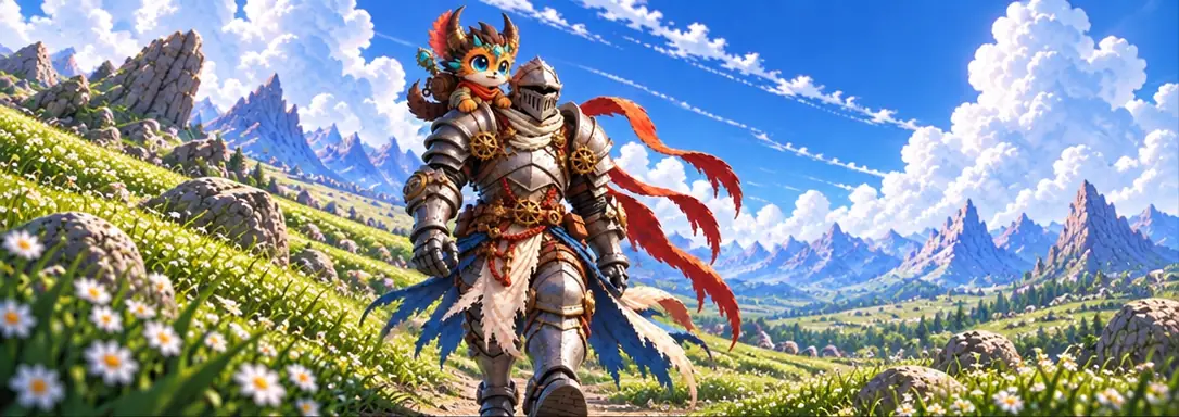 The knight walks down a path through the meadow, the creature on his shoulder, mountains behind them.