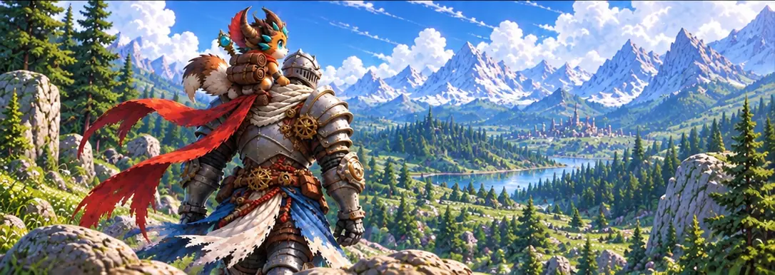 From behind: the knight looks out over a valley with forests and a lake, and a city with towers in the distance.