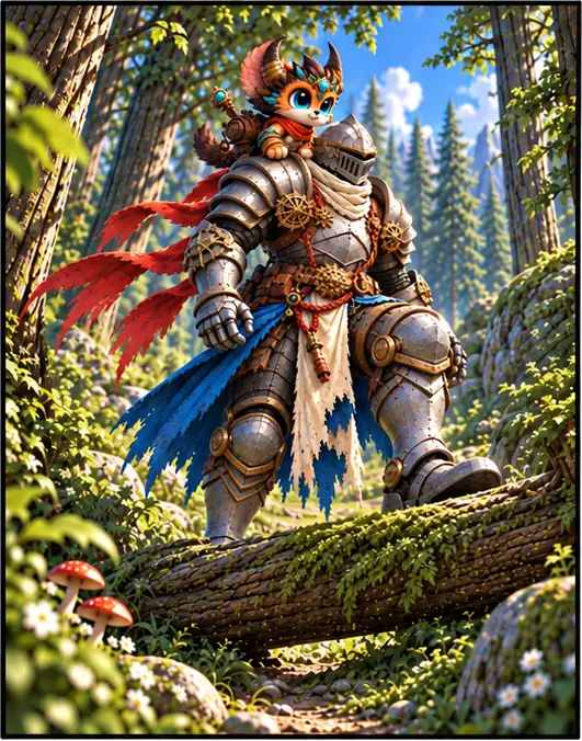 The knight steps over a fallen tree in a sunny forest, the creature riding on his shoulder.