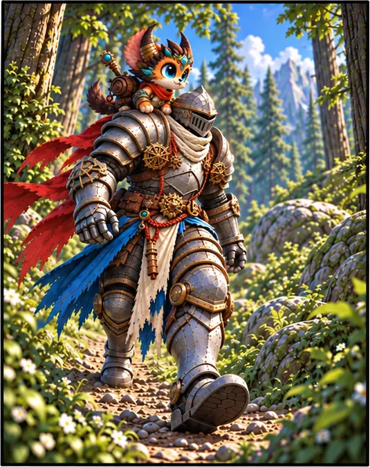 The knight walks on along the forest path between rocks and pine trees.