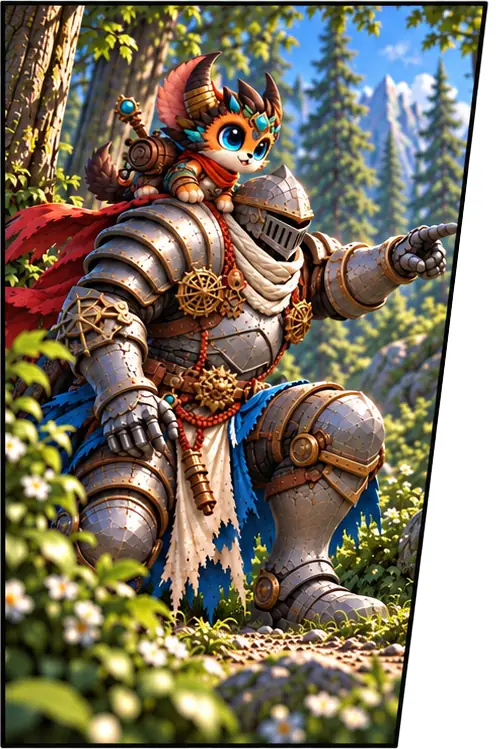 The knight crouches behind the bushes and points ahead; the creature on his shoulder looks the same way.