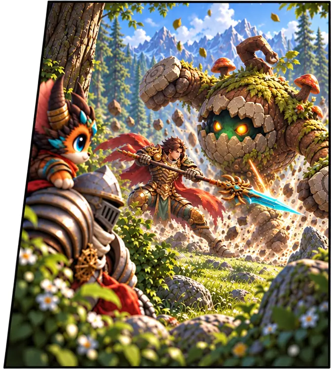 Seen from behind the knight and the creature: a man with a spear fights a huge creature of stone and moss with glowing eyes and mushrooms on its head.