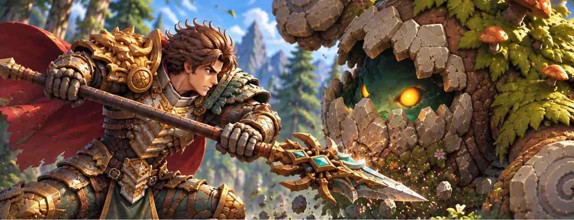 Close up: the man drives his spear into the stone creature; rocks and sparks fly.