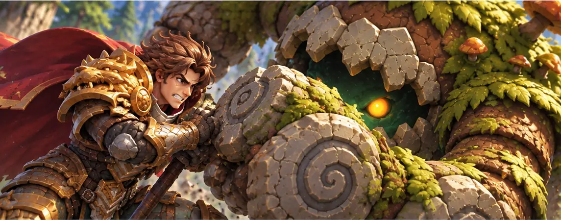 The stone creature's fist comes down; the man holds it back with the shaft of his spear, teeth clenched.
