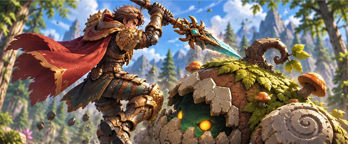 The man leaps high, spear raised over his head, right above the glowing eyes of the stone creature.